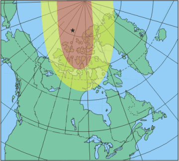 Map of Canada which shows an ellipse over the arctic archipel where compasses are erratic and a smaller ellipse centred on the north magnetic pole where compasses are unusable.